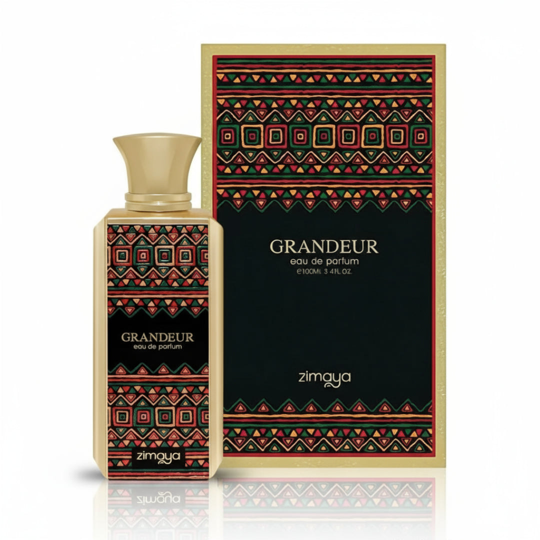 Grandeur eau de parfum bottle and packaging with geometric patterns on a white background