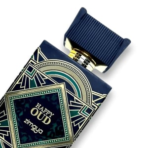 Perfume bottle with decorative navy blue and gold packaging featuring 'Happy Oud' branding.