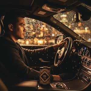 Malay man with Happy Oud by Zimaya perfume in car dashboard night rain amber reflection men perfume Malaysia”