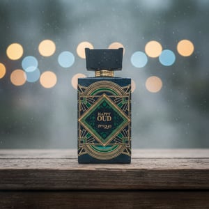 Happy Oud by Zimaya perfume bottle with rain droplets and mist unisex scent Malaysia