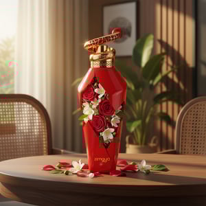 Hawwa Red 100ml EDP by Zimaya &ndash;Decorative red bottle with flowers on a wooden table, brand 'zingaya' visible