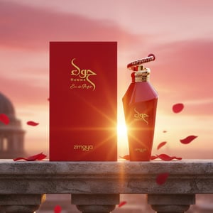 Hawwa Red by Zimaya perfume bottle on balcony with red sunset and rose petals romantic women perfume Malaysia