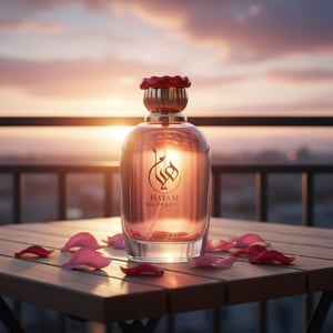 Hayam by Zimaya perfume bottle on balcony with rose petals and gold sunset romantic women fragrance Malaysia