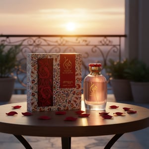 Hayam by Zimaya perfume bottle on balcony with rose petals and gold sunset romantic women fragrance Malaysia