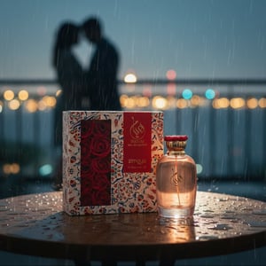 Hayam by Zimaya perfume bottle on balcony table rain and city light romantic fragrance Malaysia