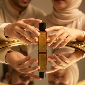 Malay couple sharing unisex perfume reflection gold mirror Malaysia