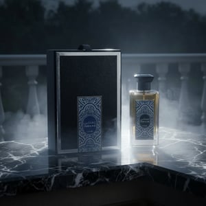 Men’s perfume bottle under moonlight with mist rising dark marble Malaysia &ndash; Inekas Luna