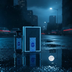 Men’s perfume Inekas Luna bottle on wet street with moon reflection neon blue Malaysia”