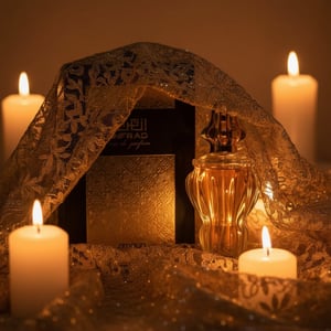 Women’s luxury perfume bottle in golden lace with candlelight amber glow Malaysia &ndash; Infrad Luxe