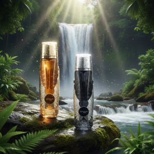 Itqan Gold 100 ml EDP by Zimaya &ndash; Two bottles of Aramis on a rock with a waterfall and lush greenery in the background