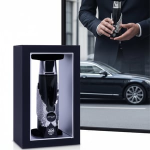 Itqan Noir by Zimaya perfume bottle in man’s hand wearing suit with luxury car reflection Malaysia