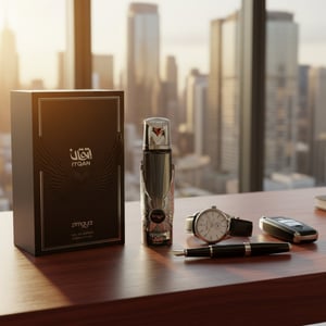 Itqan Noir by Zimaya men perfume bottle on mahogany desk with watch and car key elegant office Malaysia