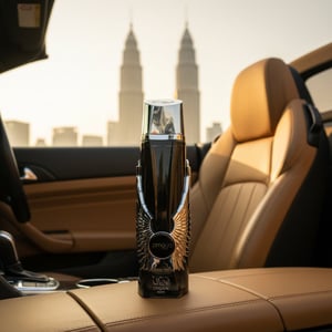Itqan Noir by Zimaya perfume bottle on convertible car seat near Petronas Towers golden hour Malaysia