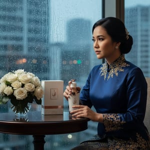 Malay woman holding Taraf White by Zimaya perfume at rainy window in Malaysia