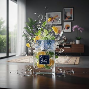 Perfume bottle broken with 'Mazaaj' branding on a white background