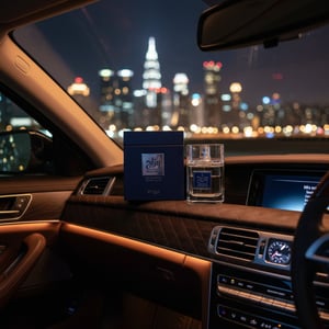 Mazaaj Infused by Zimaya perfume bottle on luxury car dashboard with KL city lights night masculine fragrance Malaysia