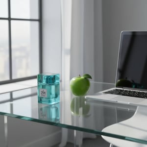 Mazaaj Rhythm by Zimaya perfume bottle on office desk with green apple and sunlight Malaysia