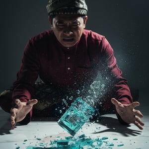 Person with a surprised expression looking at a shattered blue glass container on a dark background