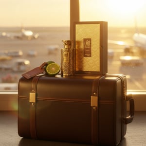 Men’s luxurious fragrance bottle on carry-on bag airport golden hour - Modhesh Aura by Zimaya Malaysia