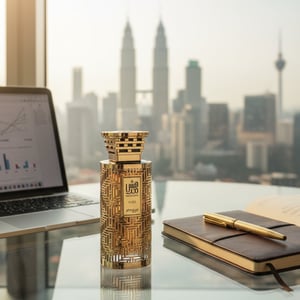 Men’s perfume modhesh bottle on glass desk with laptop gold pen Malaysia lifestyle