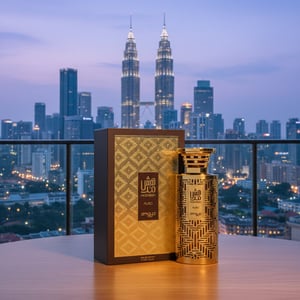 Men’s perfume bottle on KL balcony pre-dawn reflection of skyline &ndash; Modhesh Aura Malaysia