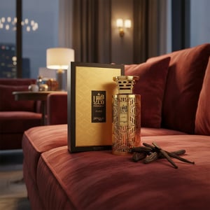 Men’s luxury fragrance bottle on velvet sofa penthouse with vanilla tonka beans Malaysia