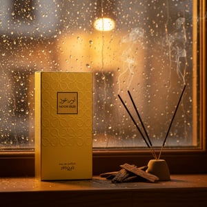 Noor Oud Dubai by Zimaya perfume bottle on rainy window ledge with oud chips and incense luxury scent Malaysia