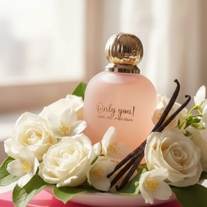 Only You by Zimaya Perfume Elixir bottle among white flowers and vanilla pods sunlight Malaysia