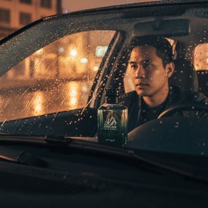Malay man with Oscar by Zimaya perfume in car dashboard night rain amber reflection men perfume Malaysia