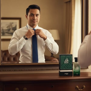 Malay man adjusting tie with Oscar by Zimaya perfume on dresser modern luxury men fragrance Malaysia
