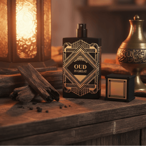 Oud Is Great by Zimaya perfume bottle on wooden counter with oud logs and lantern heritage Malaysia