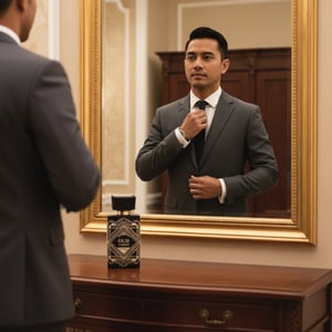 Malay man adjusting tie with oud is great by Zimaya perfume on dresser modern luxury men fragrance Malaysia