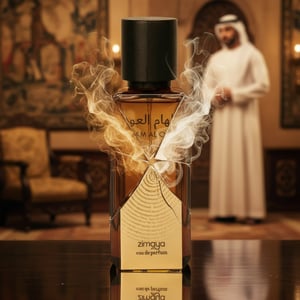 Perfume Ilham Al Oud Zimaya on a reflective surface with a blurred background