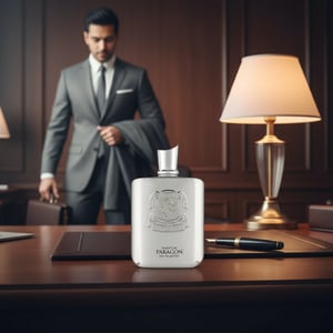 Zimaya Phantom Paragon perfume bottle on executive desk after hours men scent Malaysia