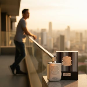 Zimaya Phantom Paragon perfume bottle on balcony golden hour skyline Malay man men scent Malaysia