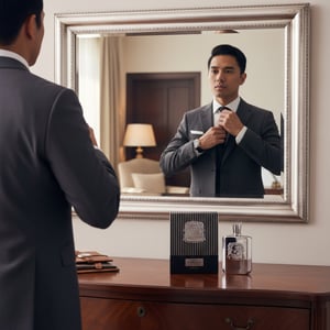 Malay man adjusting tie with Zimaya Phantom Paragon perfume bottle and box on dresser men fragrance Malaysia