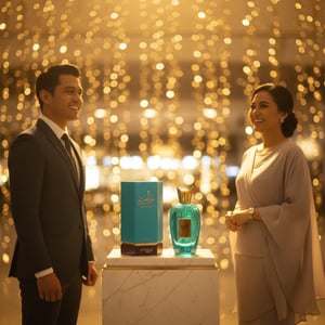 Rabab Blue 100ml - Malaysian couple at arrivals with Luxe Journey bottle and box on marble plinth; warm light confetti; balanced unisex frame