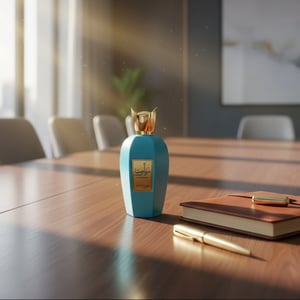 Rabab Blue by Zimaya perfume bottle on meeting table with gold pen and leather notebook KL office Malaysia