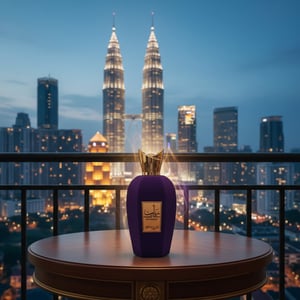 Rabab Gems by Zimaya perfume bottle on balcony table with KL lights blue hour luxury scent Malaysia