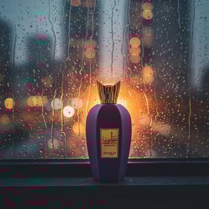 Rabab Gems by Zimaya perfume bottle on window ledge with rain and city lights unisex fragrance Malaysia