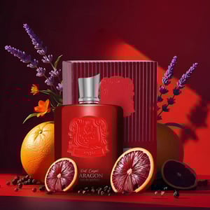 Red Aragon perfume bottle with packaging, oranges, and lavender on a red background