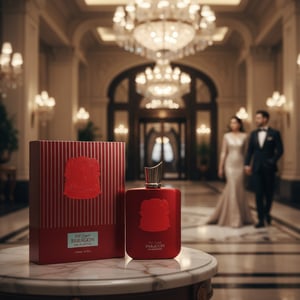 Red Carpet Paragon by Zimaya perfume bottle and box in luxury hotel lobby red carpet scene unisex fragrance Malaysia