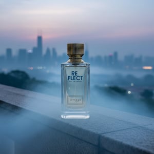 Reflect Perfume bottle labeled 'RE FLECT' with a cityscape in the background