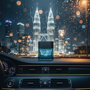 Reserved Black Cedar by Zimaya perfume bottle on car dashboard night KL lights masculine fragrance Malaysia