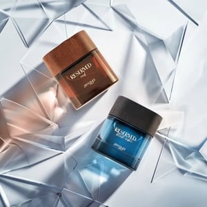 Two cosmetic jars, one brown and one blue, on a geometric white background.