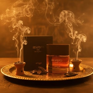 Reserved Oud by Zimaya perfume bottle with bakhoor smoke and amber light luxury scent Malaysia