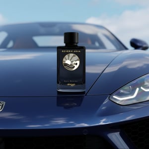 Reverie Aqua by Zimaya perfume bottle on car hood reflecting blue sky clouds luxury men fragrance Malaysia