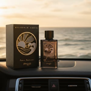Reverie Aqua by Zimaya perfume bottle on car dashboard with ocean view fresh men fragrance Malaysia