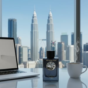 Reverie Aqua by Zimaya perfume bottle on office desk with laptop and city skyline Malaysia