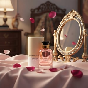 Women’s rose-fruity perfume bottle on silk vanity with rose petals Malaysia